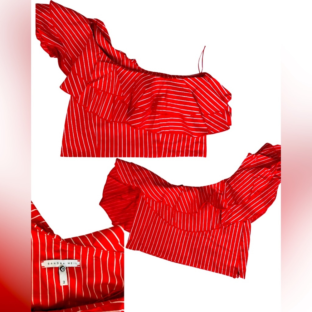Sandra Weil Red Striped Ruffle Blouse